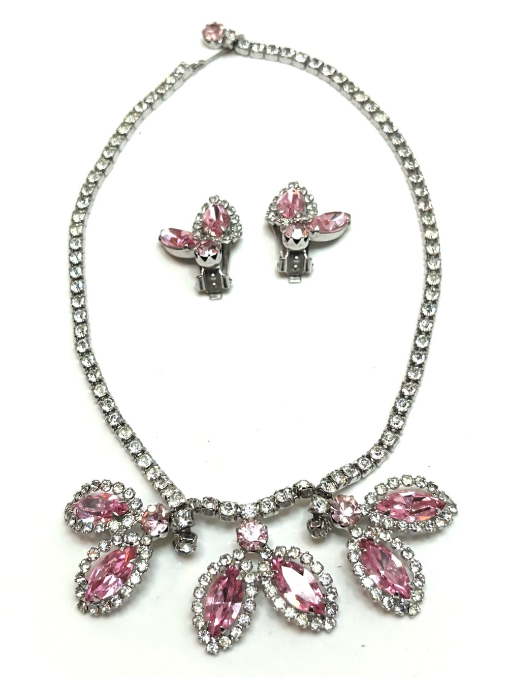 VTG Weiss Pastel Pink Rhinestone Rhodium Plated Necklace Earrings Set Signed - Picture 6 of 13